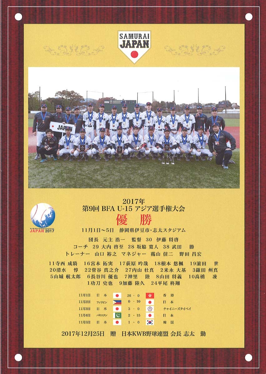 Ｕ15アジア野球選手権大会in伊豆 日本代表優勝祝賀会