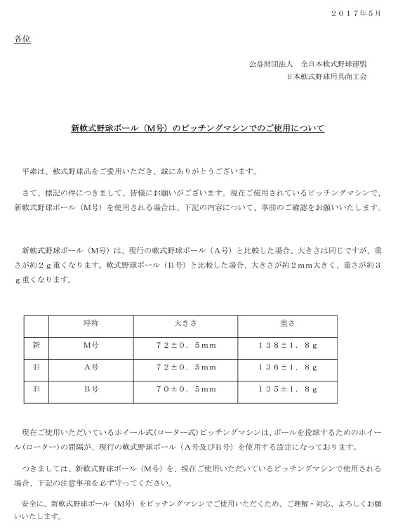 M号球　ピッチングマシーン使用時の注意喚起　2017年5月29日現在